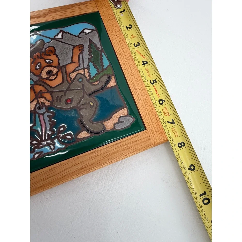 Masterworks Ceramic Tile Trivet Green Fishing Bear Framed Folk Art Cabin Decor